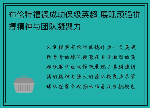 布伦特福德成功保级英超 展现顽强拼搏精神与团队凝聚力 布伦特福德成功保级英超 展现顽强拼搏精神与团队凝聚力