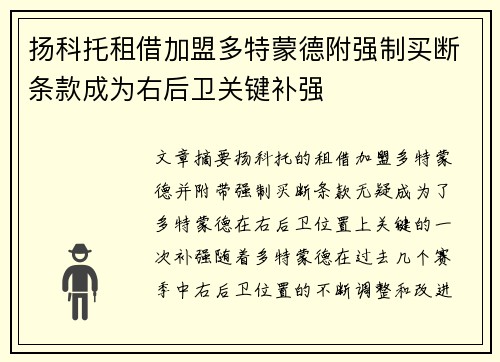 扬科托租借加盟多特蒙德附强制买断条款成为右后卫关键补强 扬科托租借加盟多特蒙德附强制买断条款成为右后卫关键补强